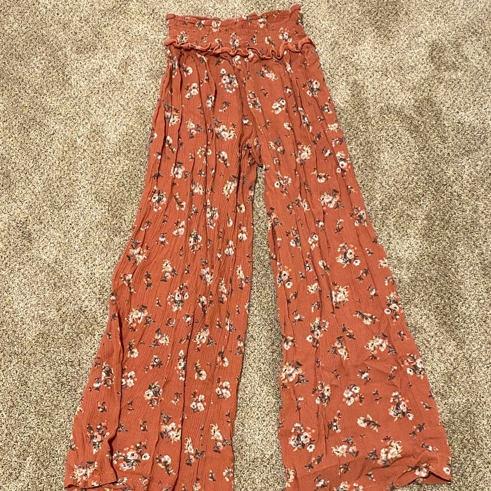 Casual Boho Pants, Pink Flower Print